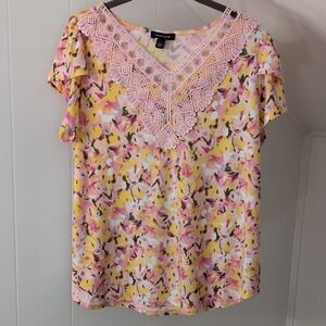 Robert Louis Yellow Pink Floral Short-Sleeve Top with Lace V-Neck